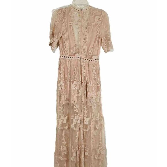 Show Po Love Spell Maxi Dress Blush Lace Overlay Embroidered Short Sleeve Sz 4 - Picture 5 of 16